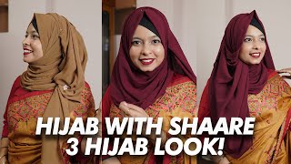 How To Style Hijab With Saree  3 Different Party Hijab Style  Khudalagse [upl. by Ifar]